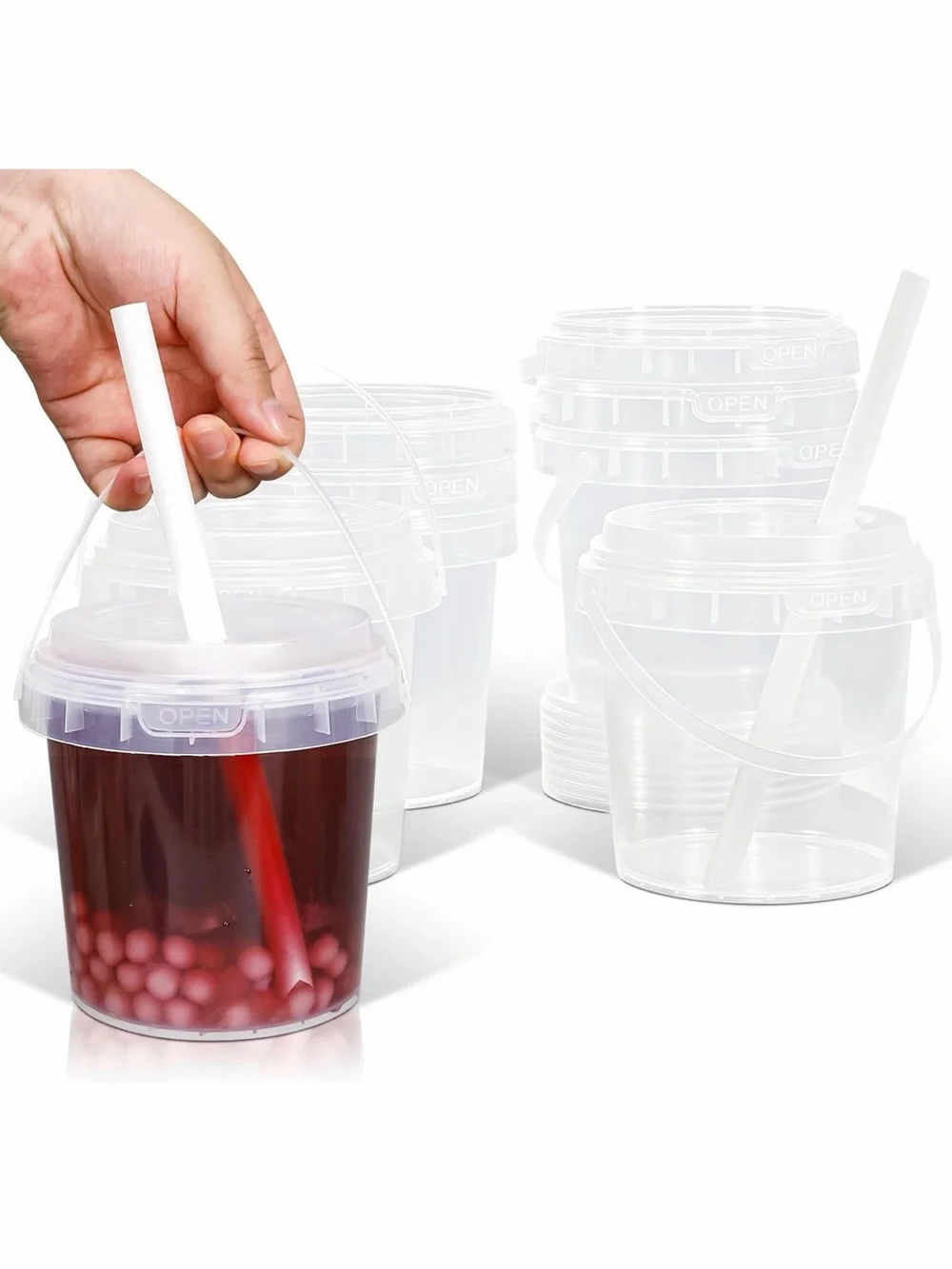 Clear Disposable Party Drink Buckets with Lids & Straws - 8 Pack